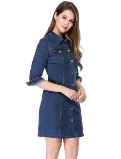 Allegra K Women's 3/4 Sleeve Button Down Denim Shirt Dress -Agnes Orinda Shop GUEST 956910e1 250c 45f8 8f8b c43e12afd563