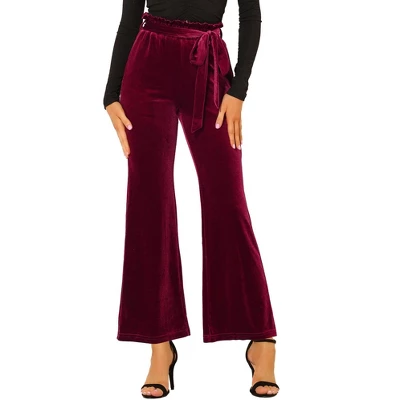 Allegra K Women's Velvet Tie Waist Stretchy Wide Leg Pants With Pockets 6 Allegra K Women's Velvet Tie Waist Stretchy Wide Leg Pants With Pockets - Image 6