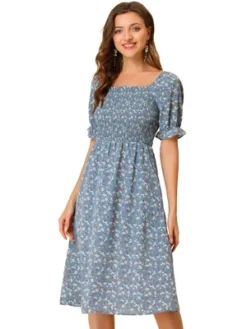 Allegra K Women's Square Neck Puff Sleeves Casual Midi Smocked Floral Dress -Agnes Orinda Shop GUEST a415d3e9 2f46 4651 93a9 cd3f263b5339