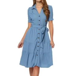 Allegra K Women's Summer V Neck Short Sleeve Button Down Tie Waist Chambray Shirt Dress -Agnes Orinda Shop GUEST a45eb67a 762c 41a6 9431 ab96f56d0825