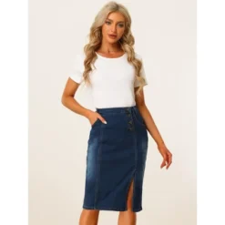 Allegra K Women's Button Decor Side Slit Slash Pocket Midi Denim Skirt -Agnes Orinda Shop GUEST aa8b923a 2fbf 493e 9c48 7ca695e594ef