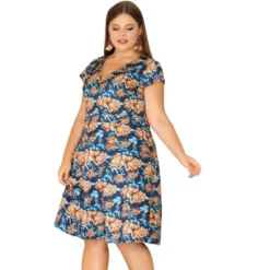 Agnes Orinda Women's Plus Size Deep V Neck Above Knee Cap Sleeve Floral Dress -Agnes Orinda Shop GUEST abeafe1f 554d 480b a7b6 87afbbf87bf2