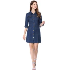 Allegra K Women's 3/4 Sleeve Button Down Denim Shirt Dress -Agnes Orinda Shop GUEST ac416659 398e 49c5 af53 c4d59ff6fcf9
