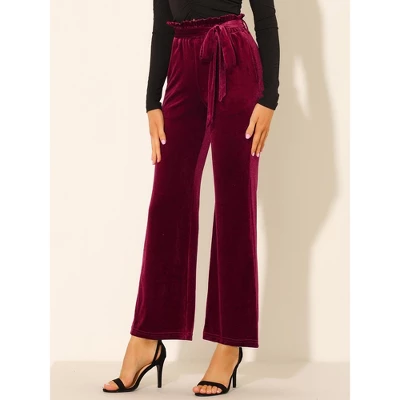 Allegra K Women's Velvet Tie Waist Stretchy Wide Leg Pants With Pockets 1 Allegra K Women's Velvet Tie Waist Stretchy Wide Leg Pants With Pockets