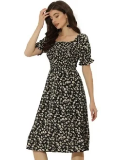 Allegra K Women's Square Neck Puff Sleeves Casual Midi Smocked Floral Dress -Agnes Orinda Shop GUEST b6406525 3ffc 46d7 befa d76ed7724805