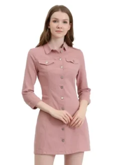 Allegra K Women's 3/4 Sleeve Button Down Denim Shirt Dress -Agnes Orinda Shop GUEST b796660b d07f 4254 9c2b 24095aa5687d