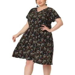 Agnes Orinda Women's Plus Size V Neck Elastic Waist Ditsy Floral Midi Dresses -Agnes Orinda Shop GUEST b8249ff2 cb68 44dd 82e5 abedfd50eaed
