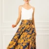 Allegra K Women's High Elastic Waist Belted Slit A-Line Midi Floral Print Skirt