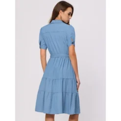 Allegra K Women's Summer V Neck Short Sleeve Button Down Tie Waist Chambray Shirt Dress -Agnes Orinda Shop GUEST b9838b58 f3a4 4970 920d 9cd9d0a3a6be