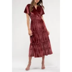 August Sky Women's Velvet Split Neckline Tiered Midi Dress -Agnes Orinda Shop GUEST bb13c497 4271 41e3 8ce1 c6216e8958df