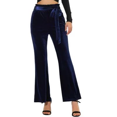 Allegra K Women's Velvet Tie Waist Stretchy Wide Leg Pants With Pockets 9 Allegra K Women's Velvet Tie Waist Stretchy Wide Leg Pants With Pockets - Image 9