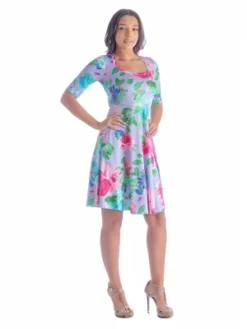 Womens Elbow Length Sleeves Lilac Floral Shirt Dress