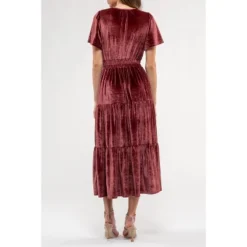 August Sky Women's Velvet Split Neckline Tiered Midi Dress