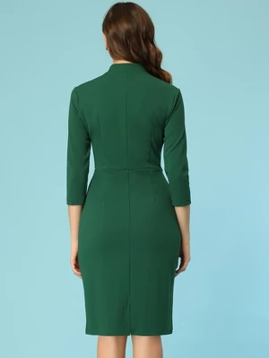 Allegra K Women's Front Tie Neck 3/4 Sleeve Work Bodycon Dress 2 Allegra K Women's Front Tie Neck 3/4 Sleeve Work Bodycon Dress - Image 2