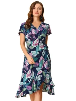 Allegra K Women's Tie Waist Beach Tropical Floral Printed Midi Wrap Dress -Agnes Orinda Shop GUEST c944bbb8 ec6c 4e32 a9e1 3817d0e3acff