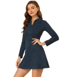 Allegra K Women's Faux Suede Lapel Neck Long Sleeve Elegant A-Line Mini Dress -Agnes Orinda Shop GUEST cc104b1d 4623 42a6 b56b b03c15a52a24