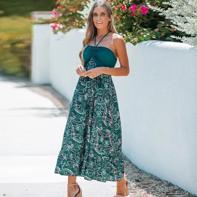 Women's Paisley Print Halter Ruched Maxi Dress - Cupshe 2 Women's Paisley Print Halter Ruched Maxi Dress - Cupshe - Image 2
