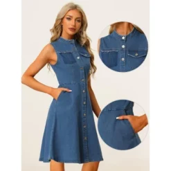 Allegra K Women's Sleeveless Button Down Distressed Midi Denim Shirt Dress
