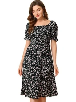 Allegra K Women's Square Neck Puff Sleeves Casual Midi Smocked Floral Dress -Agnes Orinda Shop GUEST d5bcb22e 5bbe 4efc ad4b 76e17cbb913a