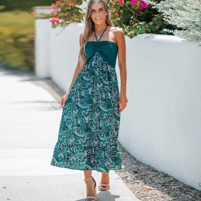 Women's Paisley Print Halter Ruched Maxi Dress - Cupshe 4 Women's Paisley Print Halter Ruched Maxi Dress - Cupshe - Image 4