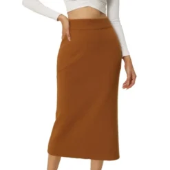 Seta T Women's Elastic High Waist Midi Basic Skirt Slit Hem Stretchy Ribbed Knit Bodycon Midi Skirts -Agnes Orinda Shop GUEST d8e7c2ec 1bcb 4433 825f 69f1ba6f5e67