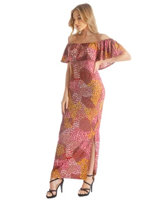Womens Off Shoulder Neckline Side Slit Abstract Print Maxi Dress 1 Womens Off Shoulder Neckline Side Slit Abstract Print Maxi Dress