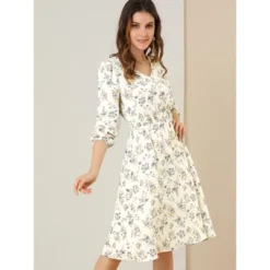Allegra K Women's Floral Print V-Neck Dress Smocked Waist Midi Dress