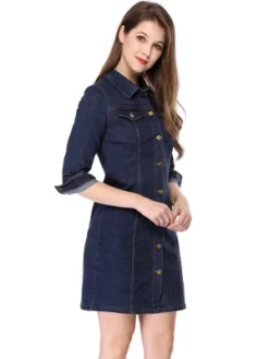 Allegra K Women's 3/4 Sleeve Button Down Denim Shirt Dress -Agnes Orinda Shop GUEST daeae4c2 6a25 4945 859f 4a07344086d5