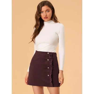 Allegra K Women's Corduroy Vintage Button Decor Ruffled Trim High Waist Mini Skirt 2 Allegra K Women's Corduroy Vintage Button Decor Ruffled Trim High Waist Mini Skirt - Image 2