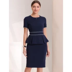 Allegra K Women's Crew Neck Short Sleeve Business Elegant Office Peplum Sheath Dresses