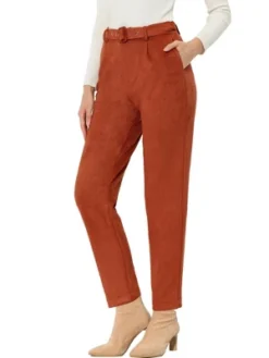 Allegra K Women's Casual Faux Suede Pants High Waist Belted Straight Legs Trousers -Agnes Orinda Shop GUEST dd157cb1 3d51 4fc3 aaeb 77b862e1e410