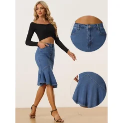 Allegra K Women's High Waist Bodycon Ruffles Fishtail Jean Skirt
