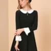 Allegra K Women's Peter Pan Collar Contrast Button Decor Long Sleeve Flare Dress