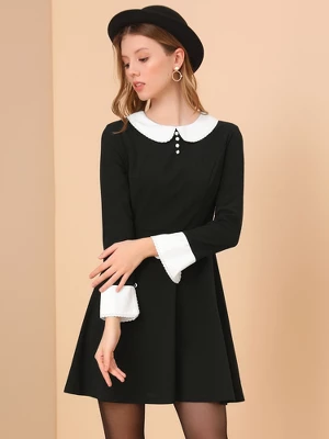 Allegra K Women's Peter Pan Collar Contrast Button Decor Long Sleeve Flare Dress 1 Allegra K Women's Peter Pan Collar Contrast Button Decor Long Sleeve Flare Dress