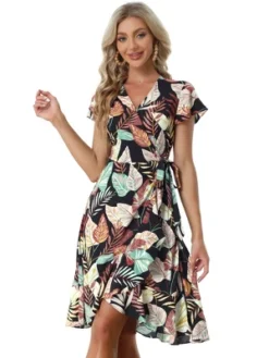 Allegra K Women's Tie Waist Beach Tropical Floral Printed Midi Wrap Dress -Agnes Orinda Shop GUEST e9c3526a 2b1f 4293 8874 3656b49d518f