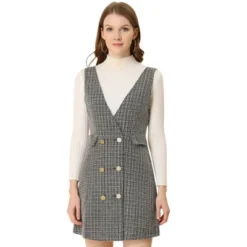 Allegra K Women's Elegant Vintage Button Front V Neck Plaid Tweed Overalls Pinafore Skirts -Agnes Orinda Shop GUEST eab31ed2 3975 4f4f 9e96 6c339663f8c6