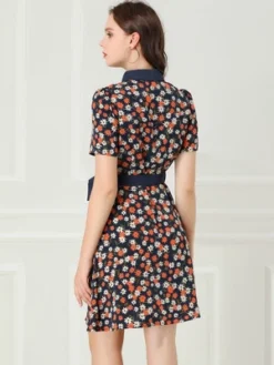Allegra K Women's Short Sleeve Contrast Collar Belted Floral Shirt Dress -Agnes Orinda Shop GUEST f9288706 c2b9 48a3 adb5 2b1c0180a69f