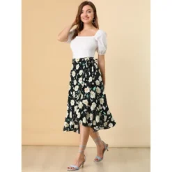 Allegra K Women's Floral Asymmetrical Ruffle Tie Waist Midi Wrap Skirts