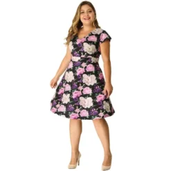 Agnes Orinda Women's Plus Size Deep V Neck Above Knee Cap Sleeve Floral Dress -Agnes Orinda Shop GUEST fbd8e373 4454 462a b5b9 381173b459ae