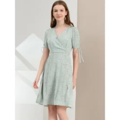 Allegra K Women's Ditsy Floral Tie Lace-up Short Sleeve A-line V-Neck Chiffon Dress